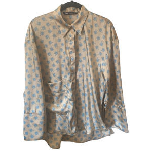 Zara Oversized Silky Long Sleeve Pajama Top Floral Beige Blue Shirt Size XS